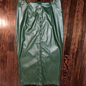 High Waisted Skirt Green Faux Leather Notched Button
